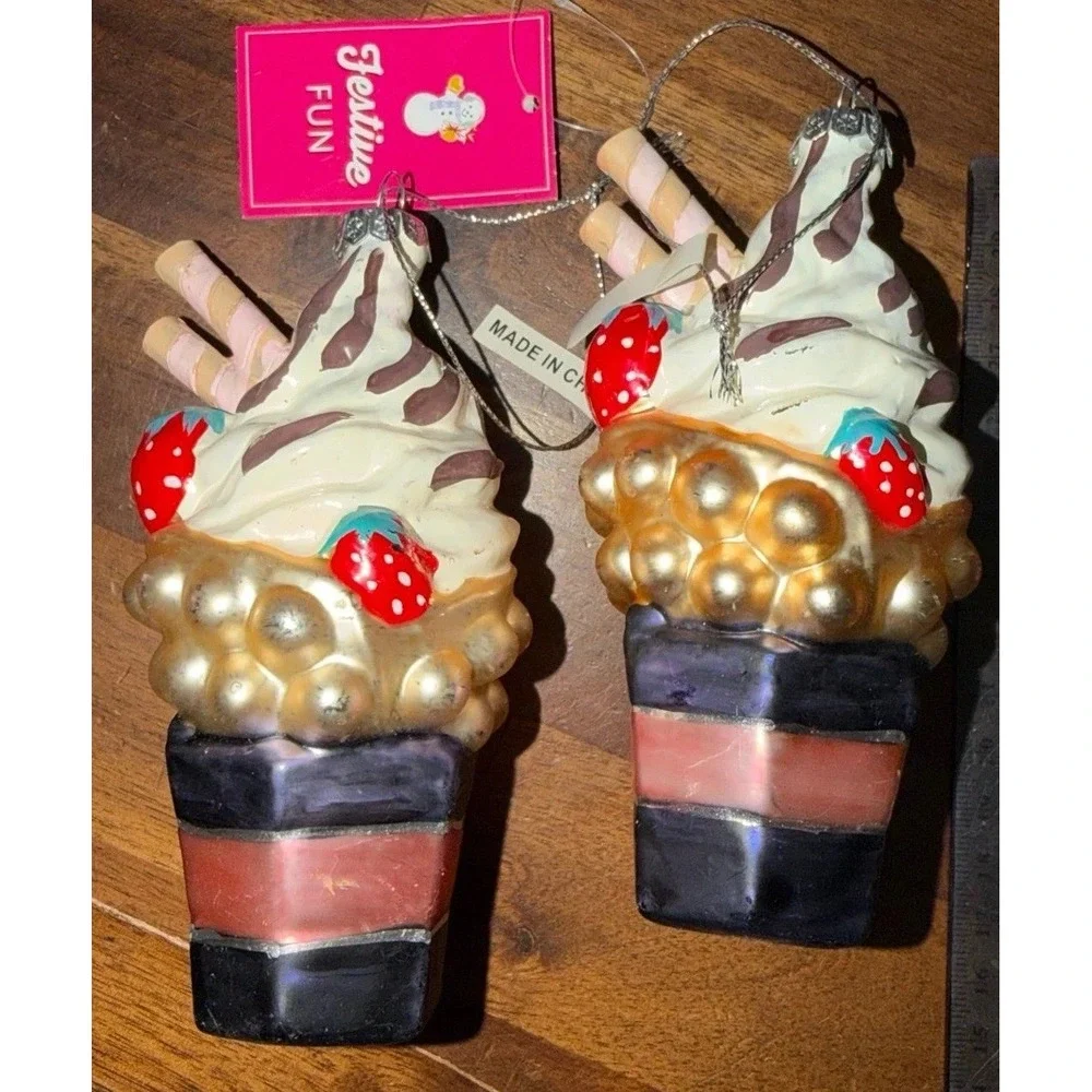 Festive Fun Ice Cream Sweet Cup Ornament Set Of 2 Strawberries Christmas xmas